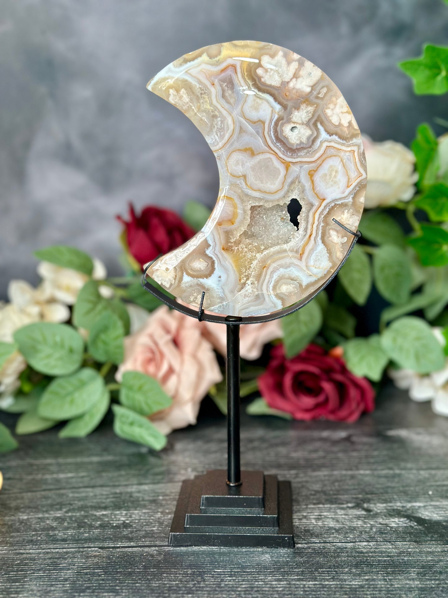 Flower Agate Moon with stand