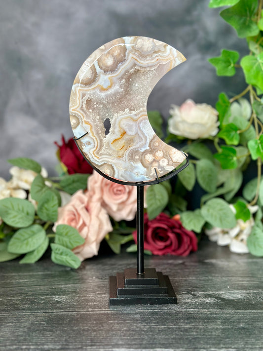 Flower Agate Moon with stand